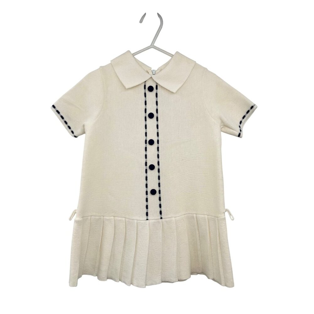 Vintage Knitis Simo Little Girls Knit Dress Size 4 Cream Blue Pleated Used